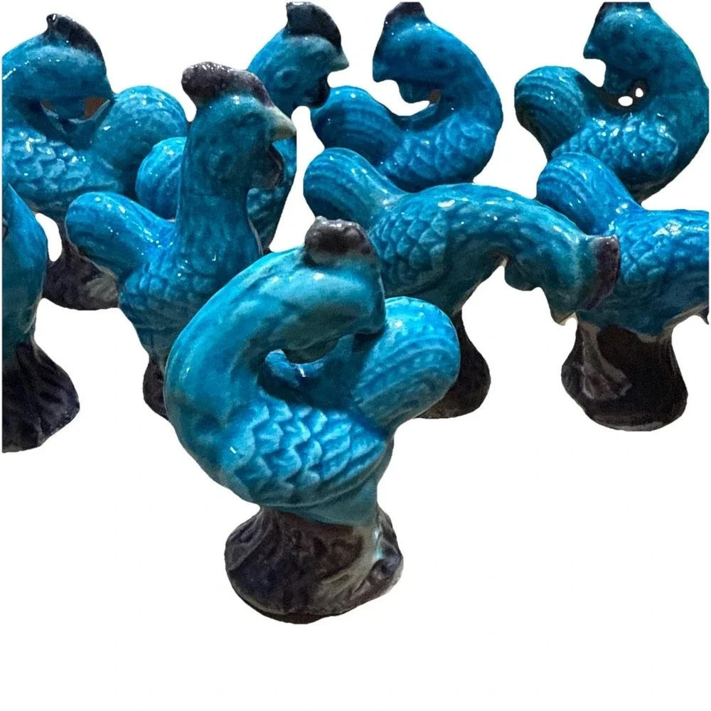 12 Vintage  Chinese Porcelain Blue Turquoise Purple Mud Rooster Figurine Chicken